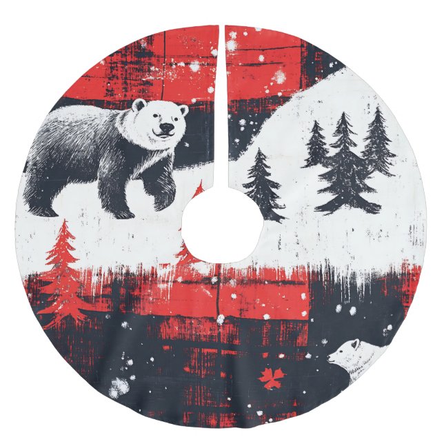 Red Buffalo Plaid Polar Bear Polyester Weihnachtsbaumdecke (Vorderseite)