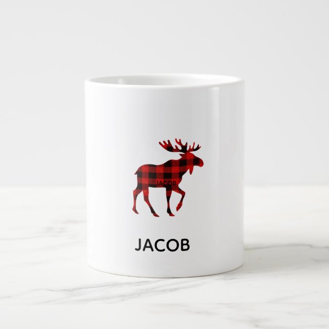 Red Buffalo Plaid Reindeer Christmas Monogram  Jumbo-Tasse (Vorderseite)