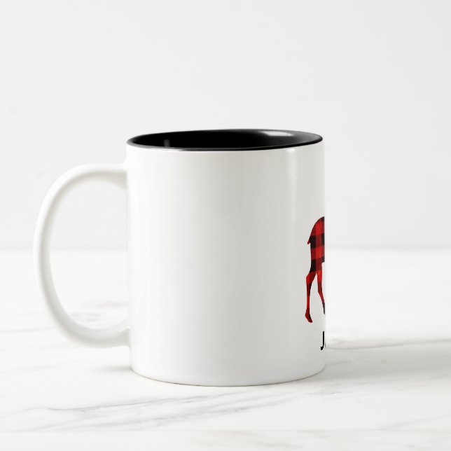 Red Buffalo Plaid Reindeer Christmas Monogram  Zweifarbige Tasse (Links)