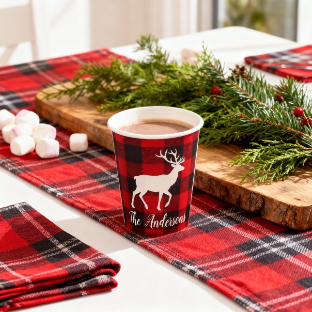 Red Buffalo Plaid & Reindeer | Personal Name Gift  Pappbecher (Von Creator hochgeladen)