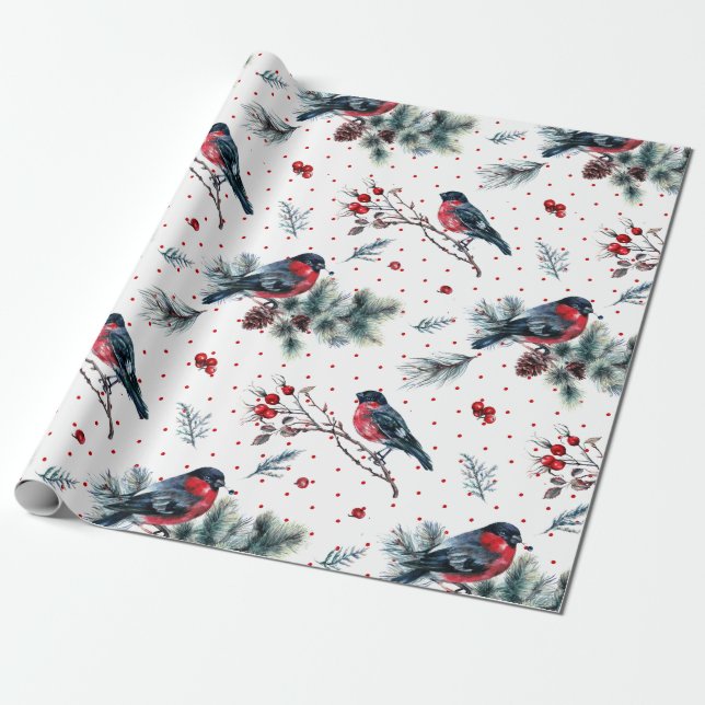 Red Bull finch & Christmas Foliage Muster Geschenkpapier (Ungerollt)