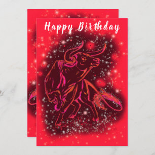 Red Bull Running At Starry Night Birthday Card