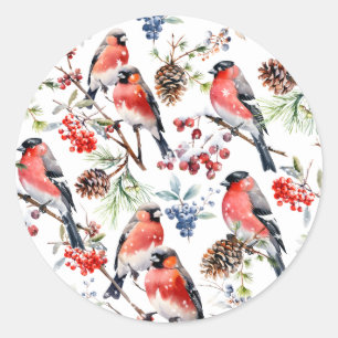Red Bullfinch Weihnachtsvögel Berries & Pine Cones Runder Aufkleber