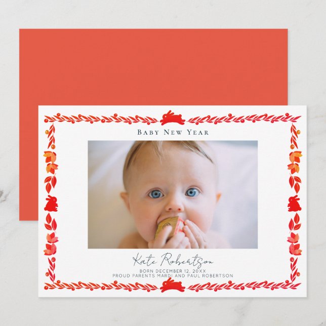Red Bunny Folk Art Baby New Year Foto Card Einladung (Vorne/Hinten)