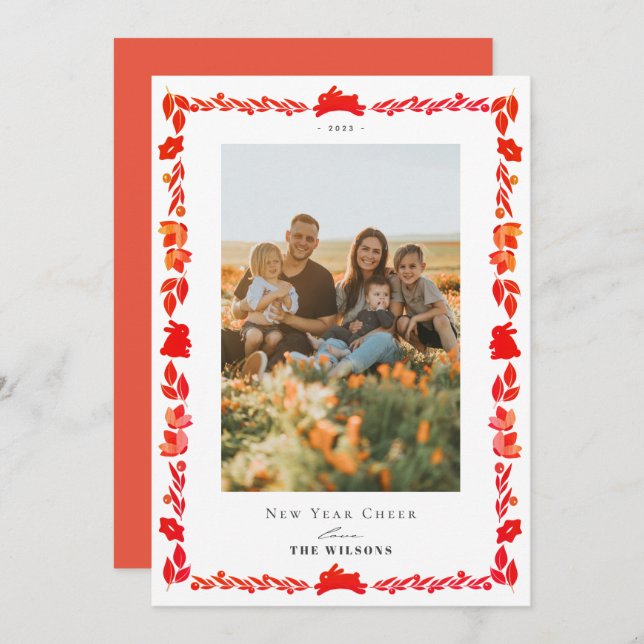 Red Bunny Folk Art New Year Holiday Foto Card Einladung (Vorne/Hinten)