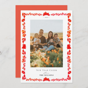 Red Bunny Folk Art New Year Holiday Foto Card Einladung
