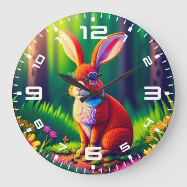 Red Bunny Sitzen auf Gras Große Wanduhr (Vorderseite)