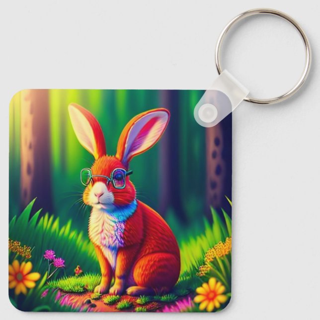 Red Bunny Sitzen auf Gras Schlüsselanhänger (Rückseite)