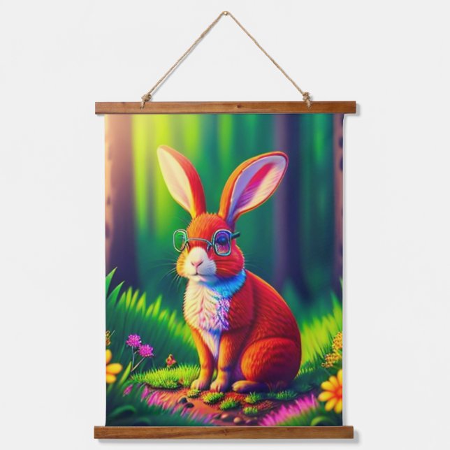 Red Bunny Sitzen auf Gras Wandteppich Mit Holzrahmen (Vorderseite)