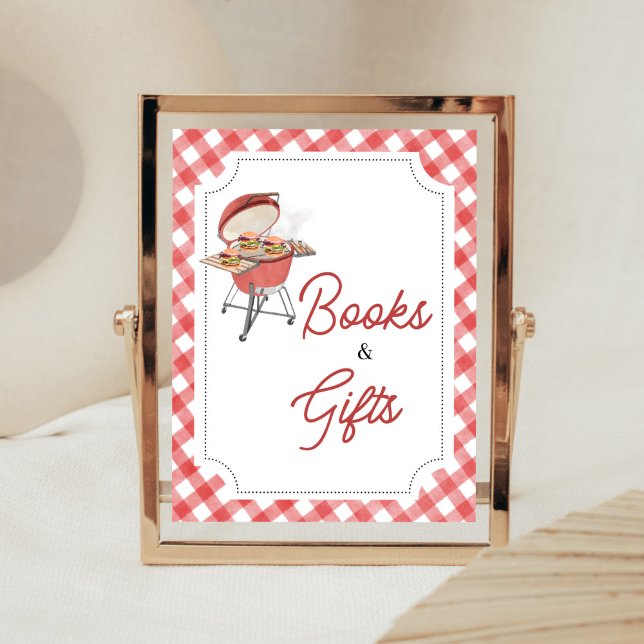 Red Burger GRILLEN Baby Duschbücher und Geschenke Poster (Backyard BBQ Baby Shower Books and Gifts Sign)
