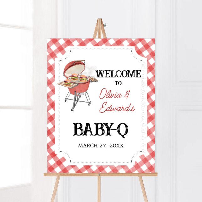 Red Burger GRILLEN Baby Dusche Willkommen Poster (Backyard BBQ Baby Shower Welcome Sign)