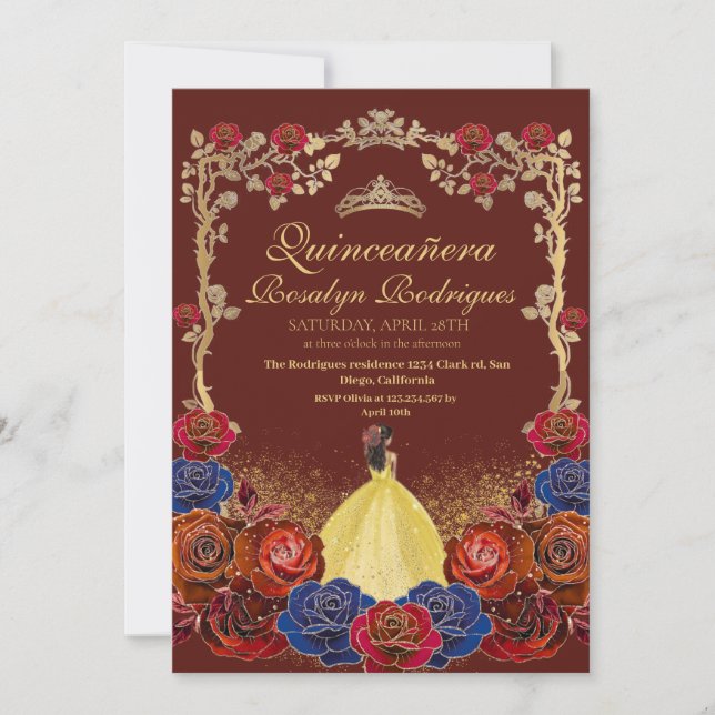 Red Burgund und Gold Luxury Quinceanera Einladung (Vorderseite)