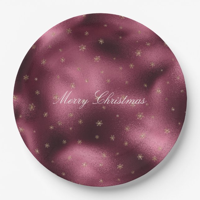 Red Burgundi Gold Glitzer Snowflakes Pappteller (Vorderseite)