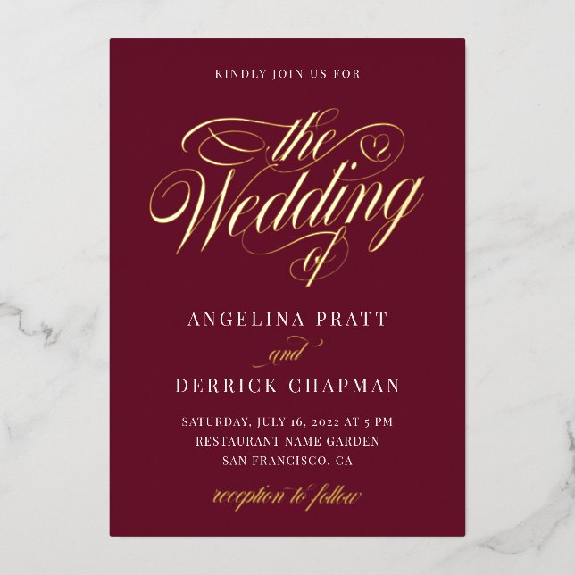 Red Burgundy All in One Elegante Calligrafy Gold Folieneinladung (Vorderseite)