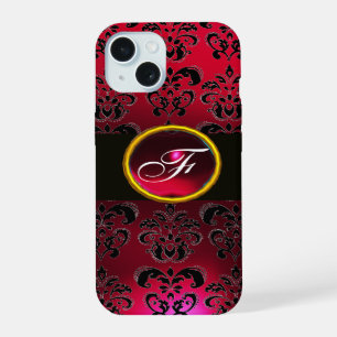 RED BURGUNDY BLACK DAMASK GEM STONE MONOGRAMM iPhone 15 HÜLLE