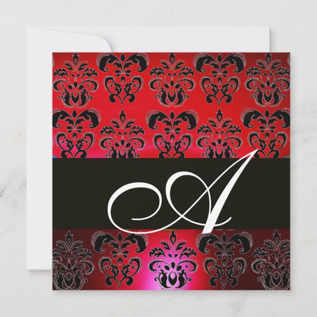 RED BURGUNDY BLACK DAMASK MONOGRAM, rubinweiß Einladung (Vorderseite)