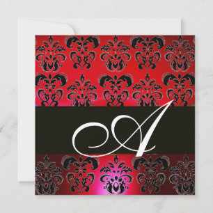 RED BURGUNDY BLACK DAMASK MONOGRAM, rubinweiß Einladung