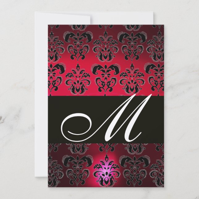 RED BURGUNDY BLACK DAMASK MONOGRAM Ruby Gold Einladung (Vorderseite)
