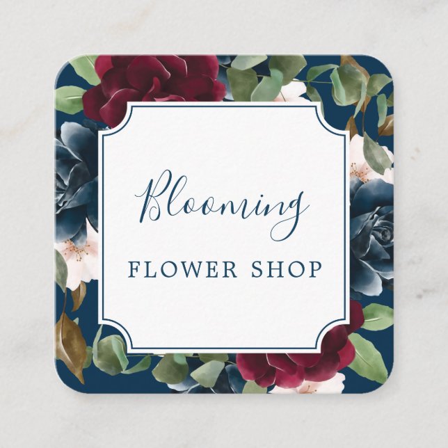 Red Burgundy & Blue Elegante Blume Quadratische Visitenkarte (Vorderseite)
