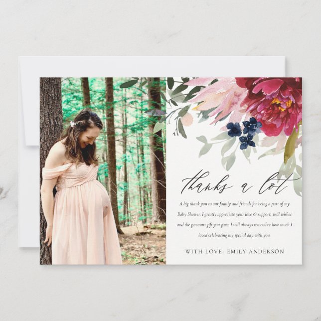 Red Burgundy Blush Bloral Bunch Foto Babydusche Dankeskarte (Vorderseite)