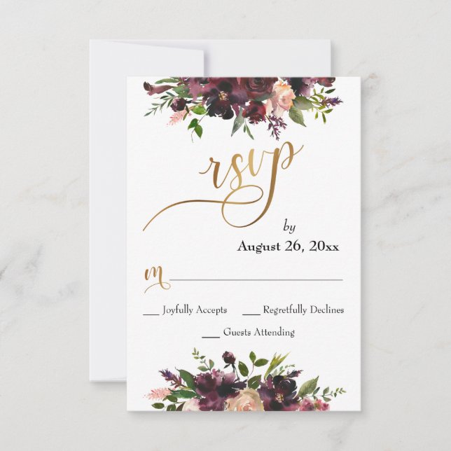 Red Burgundy Blush Bloral Gold Script Hochzeit RSV RSVP Karte (Vorderseite)