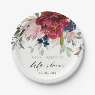 Red Burgundy Blush Blue Floral Baby Dusche Pappteller