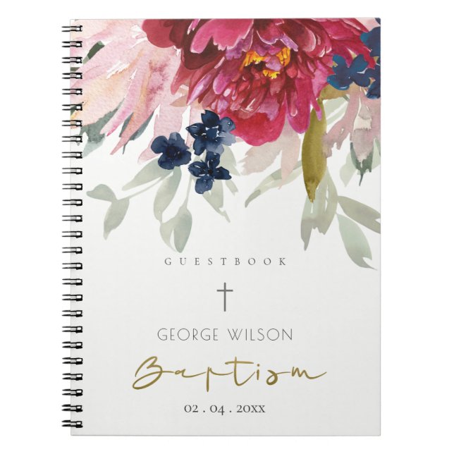 Red Burgundy Blush Blue Floral Baptisbook Notizblock (Vorderseite)