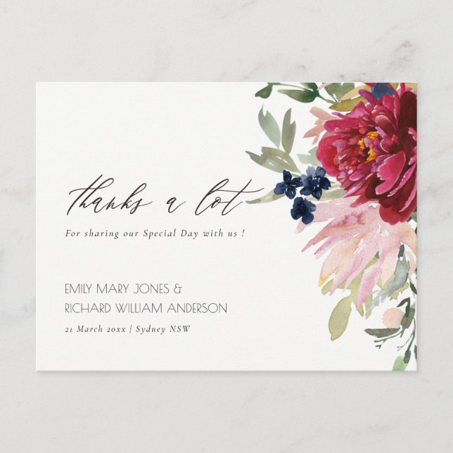 Red Burgundy Blush Blue Floral Wedding Danke Postkarte (Vorderseite)