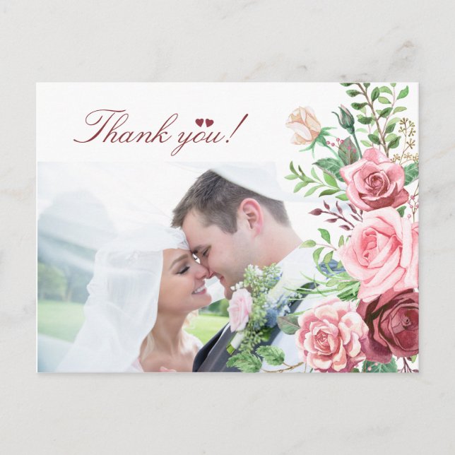 Red Burgundy Blush Pink Roses FOTO Hochzeit Postkarte (Vorderseite)