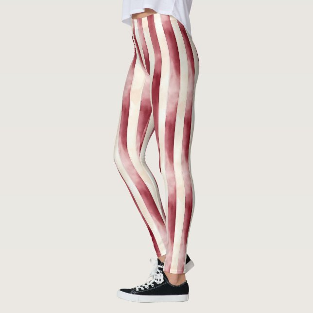 Red Burgundy Cream Stripes Christmas Leggings (Links)