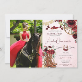 Red Burgundy Floral Charro Cowgirl Quinceanera Einladung