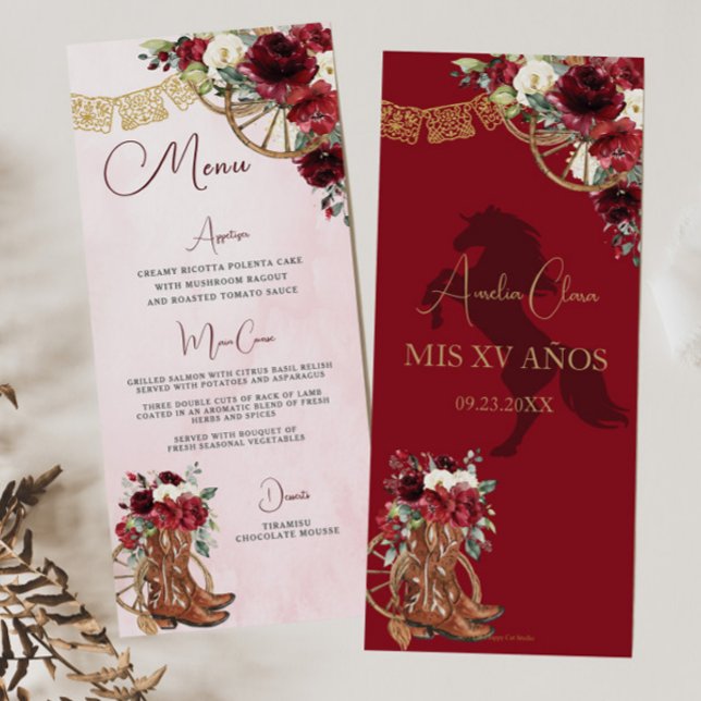 Red Burgundy Floral Charro Quinceañera XV Menü Programm (Von Creator hochgeladen)