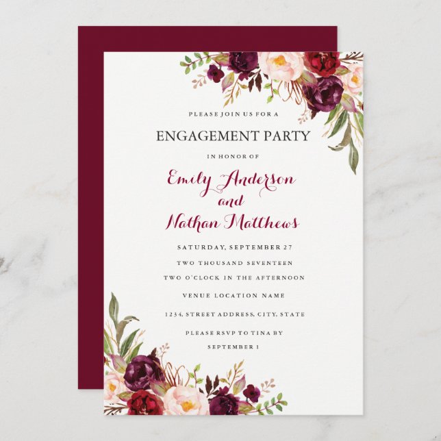 Red Burgundy Floral Fall Engagement Party Card Einladung (Vorne/Hinten)