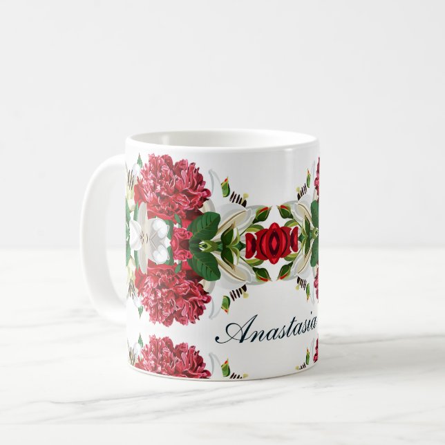 Red Burgundy Floral Watercolor personalisieren Kaffeetasse (Vorderseite Links)