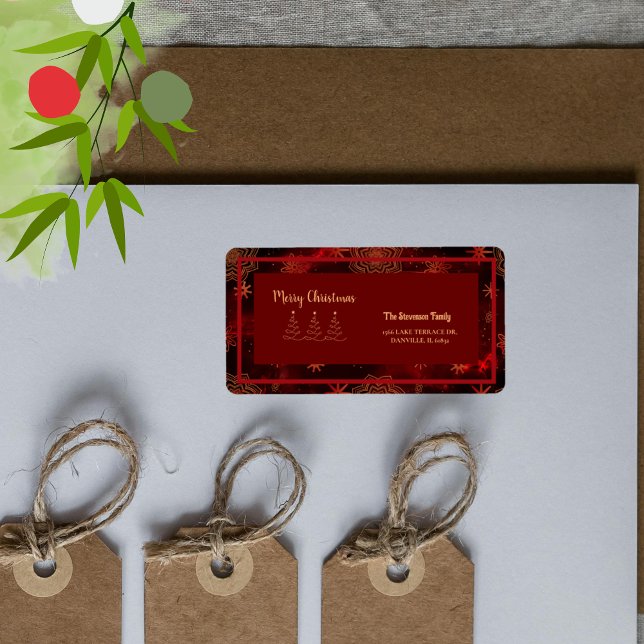 Red Burgundy Frohe Weihnachtsadresse Adressaufkleber (Red Burgundy Merry Christmas Address Label)