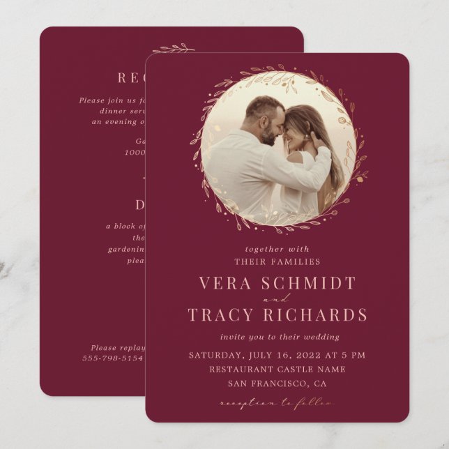  Red Burgundy Gold All in one Foto UAwg Wedding Einladung (Vorne/Hinten)