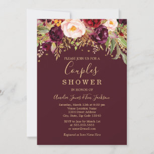 Red Burgundy Gold Glitzer Floral Couples Dusche Einladung