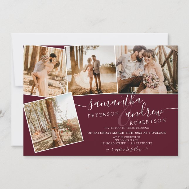 Red burgundy minimalistisches Skript 5 Fotos Hochz Einladung (Rückseite)