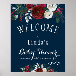 Red Burgundy Navy Rustic Winter Floral Baby Dusche Poster