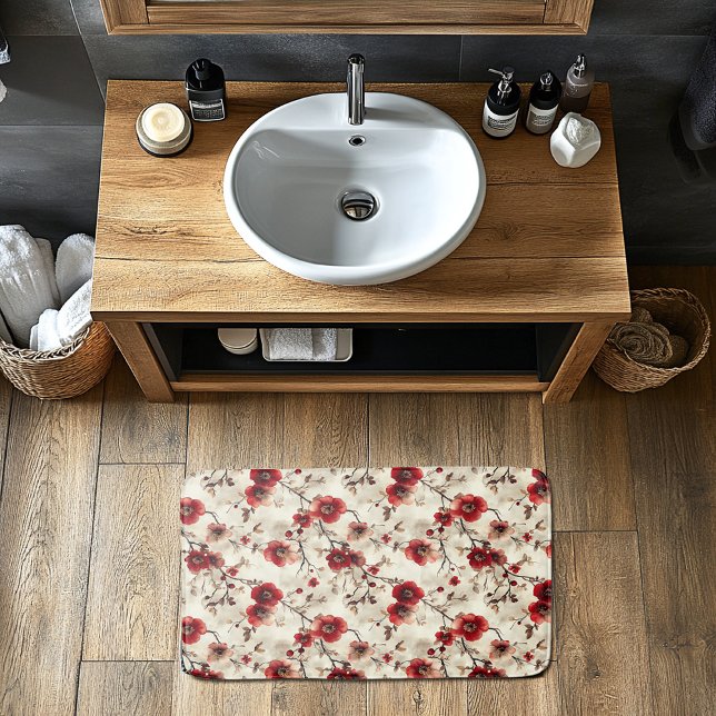 Red Burgundy Pink Blume Buds Pattern Badematte (Von Creator hochgeladen)