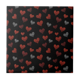Red Burgundy Silver Glitter Hearts on Black Fliese