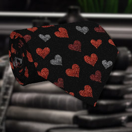 Red Burgundy Silver Glitter Hearts on Black Krawatte