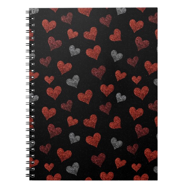 Red Burgundy Silver Glitter Hearts on Black Notizblock (Vorderseite)