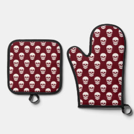 Red Burgundy Skull Head Pattern Modernes Halloween Ofenhandschuh & Topflappen-Set