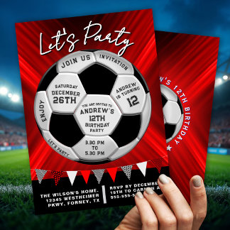 Red Burst Sporty Soccer Ball Boys Birthday Einladung