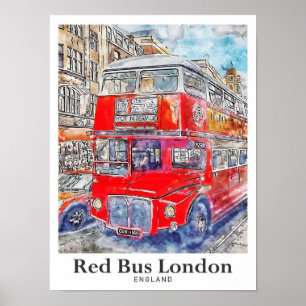 Red Bus London England Art Watercolor Hand Drawing Poster