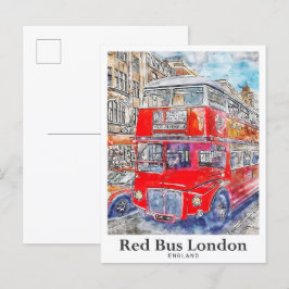 Red Bus London England Art Watercolor Hand Drawing Postkarte