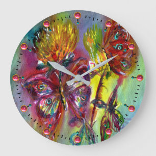 RED BUTTERFLIES ON YELLOW THISTLES,BLUE SKY Floral Große Wanduhr