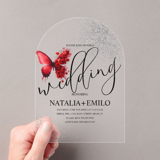 Red Butterfly Script Minimal Wedding Acryleinladungen (Insitu (Handheld))