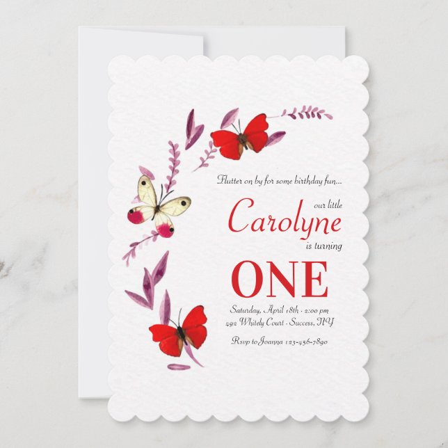Red Butterfys Geburtstagspartei Einladung (Vorderseite)